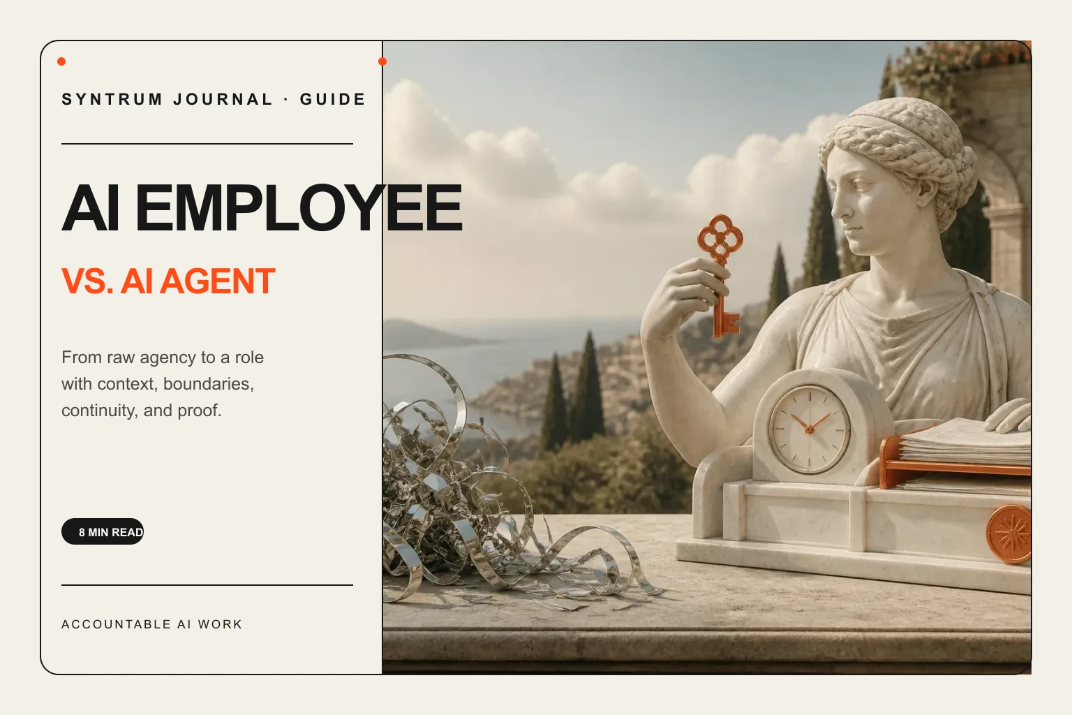 Editorial cover showing a marble figure turning agentic potential into accountable AI work